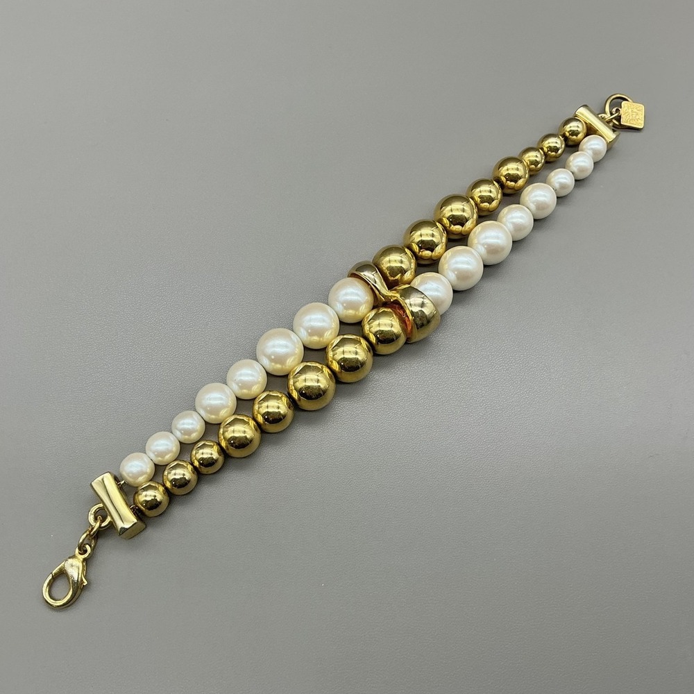 Anne Klein Bracelet Gold Tone White Faux Pearl Beaded Bow Charm Lobster Clasp